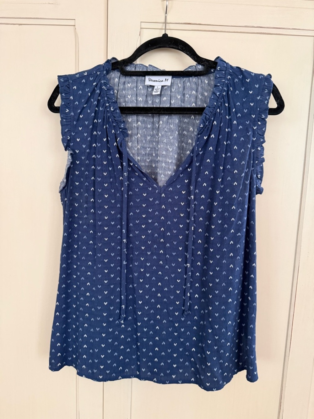 Veronica M Navy Sleeveless V-Neck Top with Tiny White Hearts